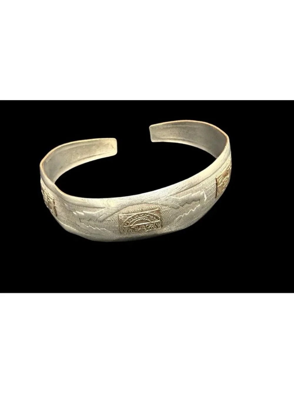 Vintage Sterling Silver Cuff 18k Gold Aztec Accents Ethnic